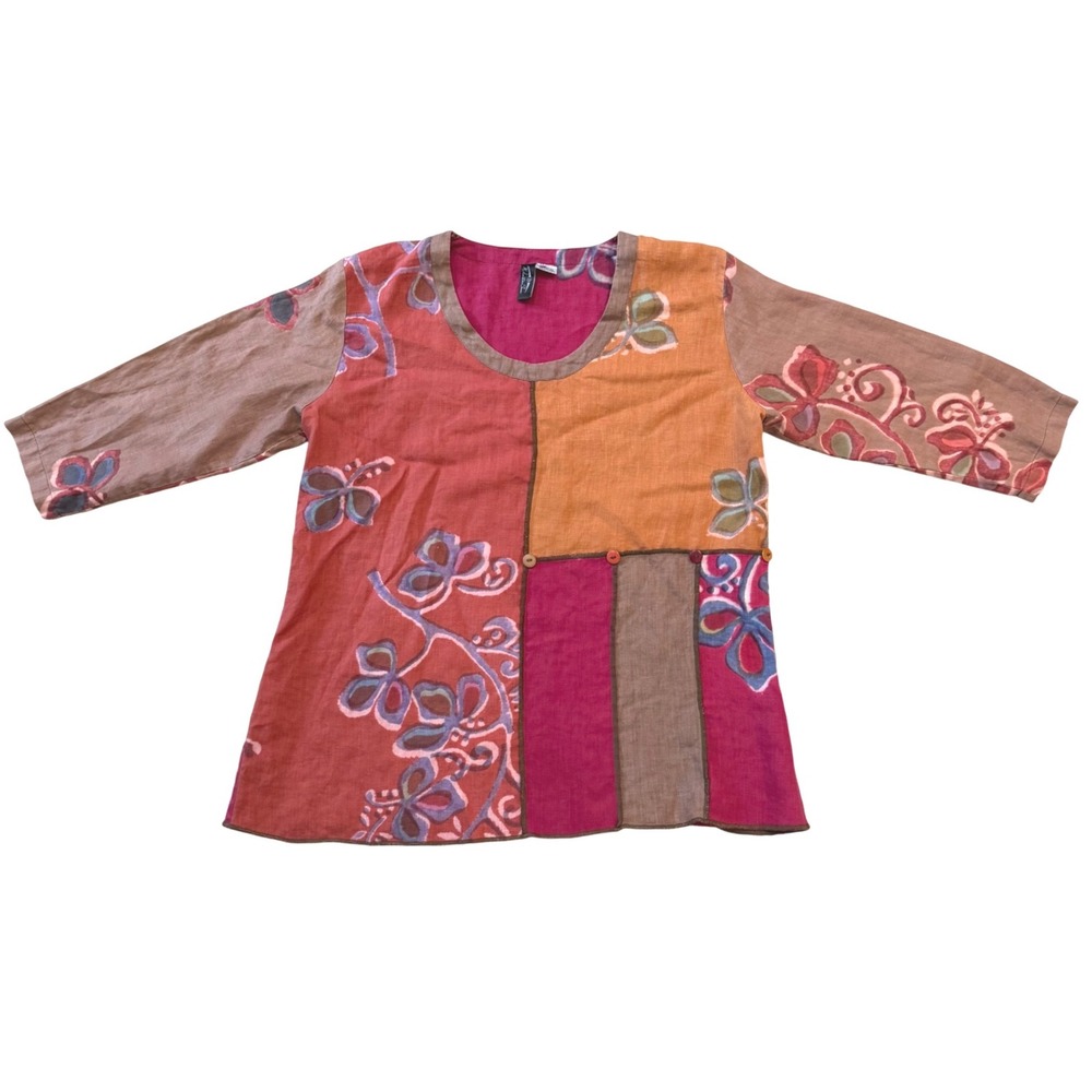 Vintage 90's Winter Sun Womens 100% Linen Patchwork Floral Tunic Boho Ecuador M